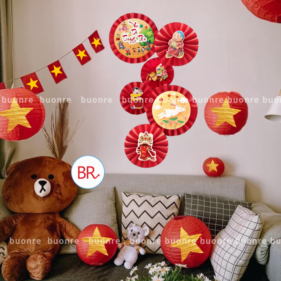Set 6 Quạt Giấy Đỏ Trang Trí Trung Thu, Kèm Tag Decor Lễ Hội Trăng Rằm, Treo Nhà Cửa, Quán Cafe, Trường Học