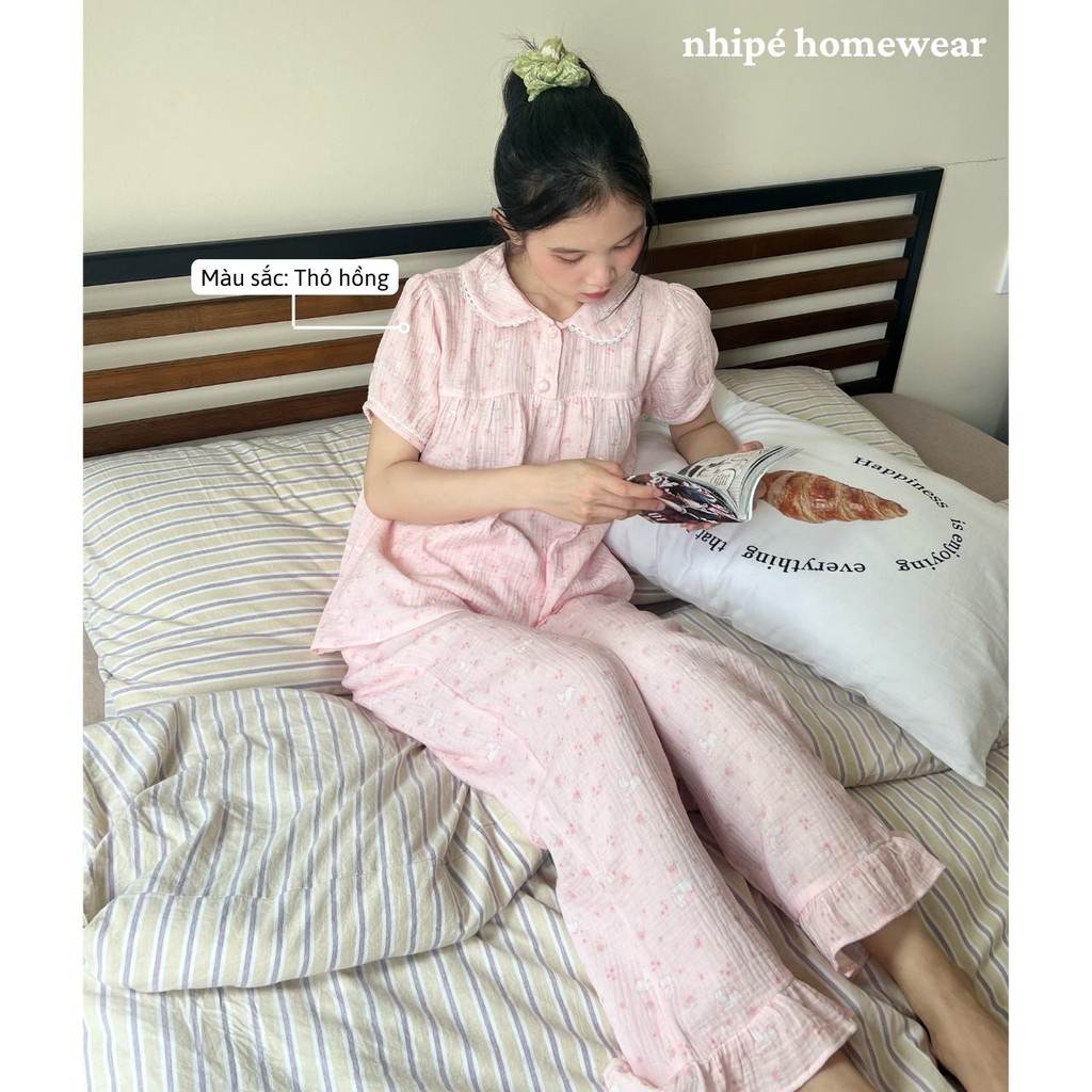 Set cổ sen tay ngắn quần dài nhipé homewear nữ mặc nhà họa tiết hoa dễ thương chât liệu xô muslin cao cấp mềm mịn mát