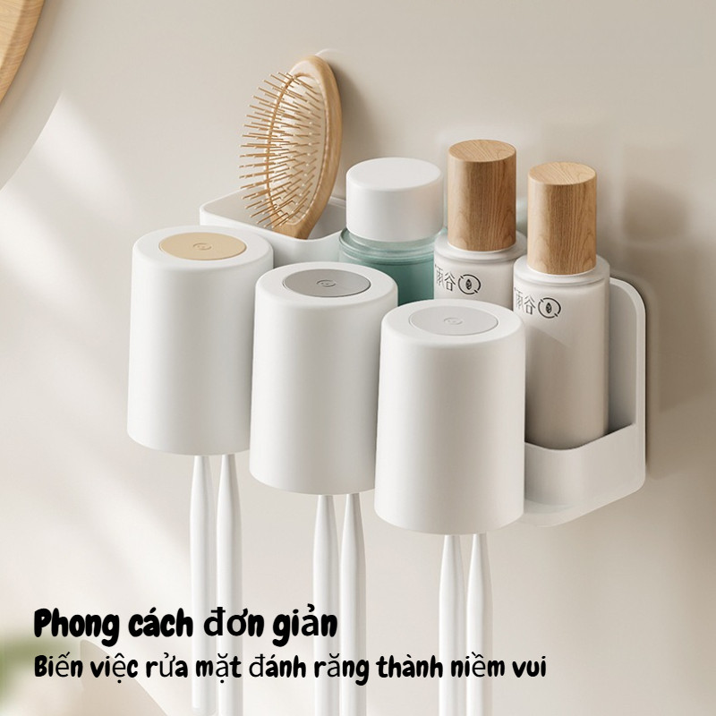 Bộ Nhả Kem Thông Minh Dán Tường, Giá bàn chải, phong cách đơn giản, lắp đặt không khoan lỗ, 2-3 Cốc