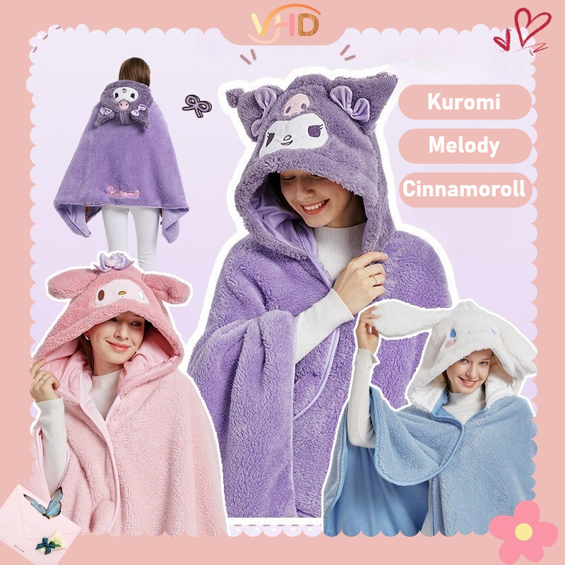 chăn quấn có mũ trùm đầu，sanrio/kuromi/melody/cinnamoroll, tấm chăn ngủ trưa kèm mũ, tấm chăn xỏ vai