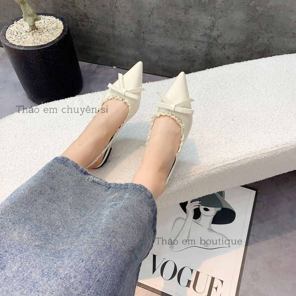 [Thảo Em - SBNR93 ] Sục bệt nữ mũi nhọn nơ mũi phối viền ren da mềm sang chảnh màu Đen Kem Nâu