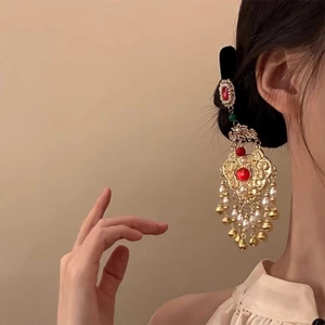Mũ đội đầu cổ cao cấp cho bé gái với tua rua màu vàng retro, phong cách Trung Quốc mới