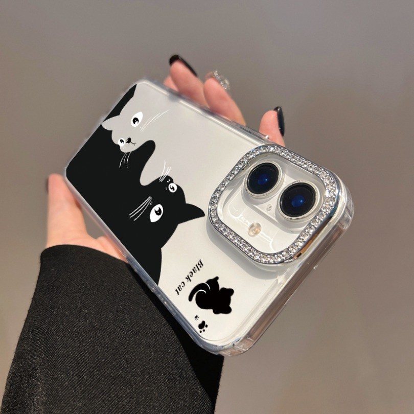 Đồ họa Doodle Black Cat Ốp điện thoại trong suốt cho Redmi Note 14S 12S 11S 10S 9S 14 13 12 11 Pro + 9 10 Pro Max 7 8 Pro 12T 11T Pro 12 Turbo Vỏ kim cương giả chống rơi