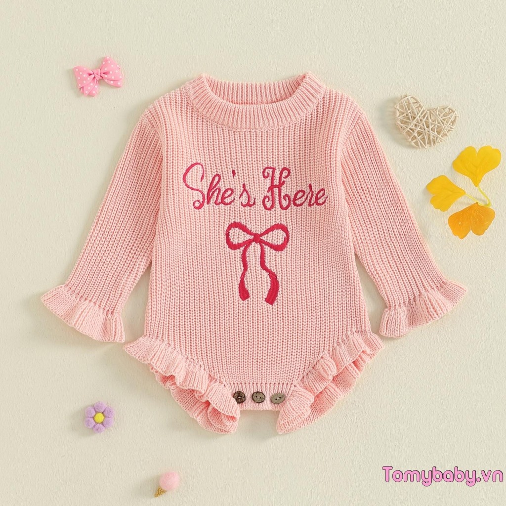 Bé Gái Đan Áo Liền Quần Dài Tay Cổ Tròn Thêu Nơ Chữ Body Cho Hàng Ngày
