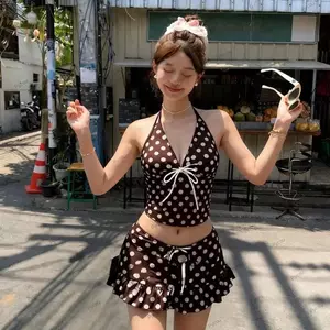 Bộ đồ bơi chấm bi nữ PYCOU, Bộ đồ bơi chấm bi cổ chữ V sâu dành cho nữ, Dây buộc phía trước cổ điển với váy ngắn dây cổ Bikini gợi cảm cho nữ mặc mùa hè