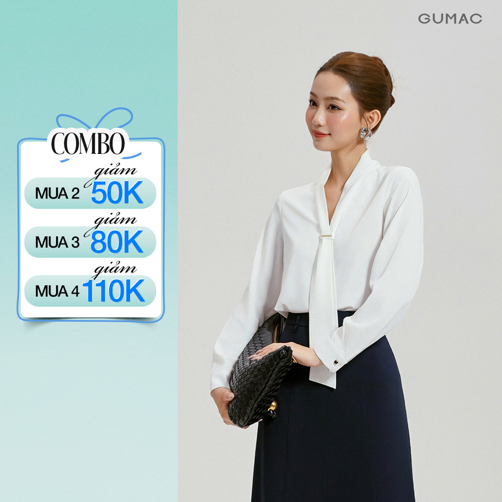 Áo Kiểu Nữ GUMAC Form Suông Tay Dài Cổ V Kèm Dây Nơ Lụa Xẹc Tiểu Thư AG04063