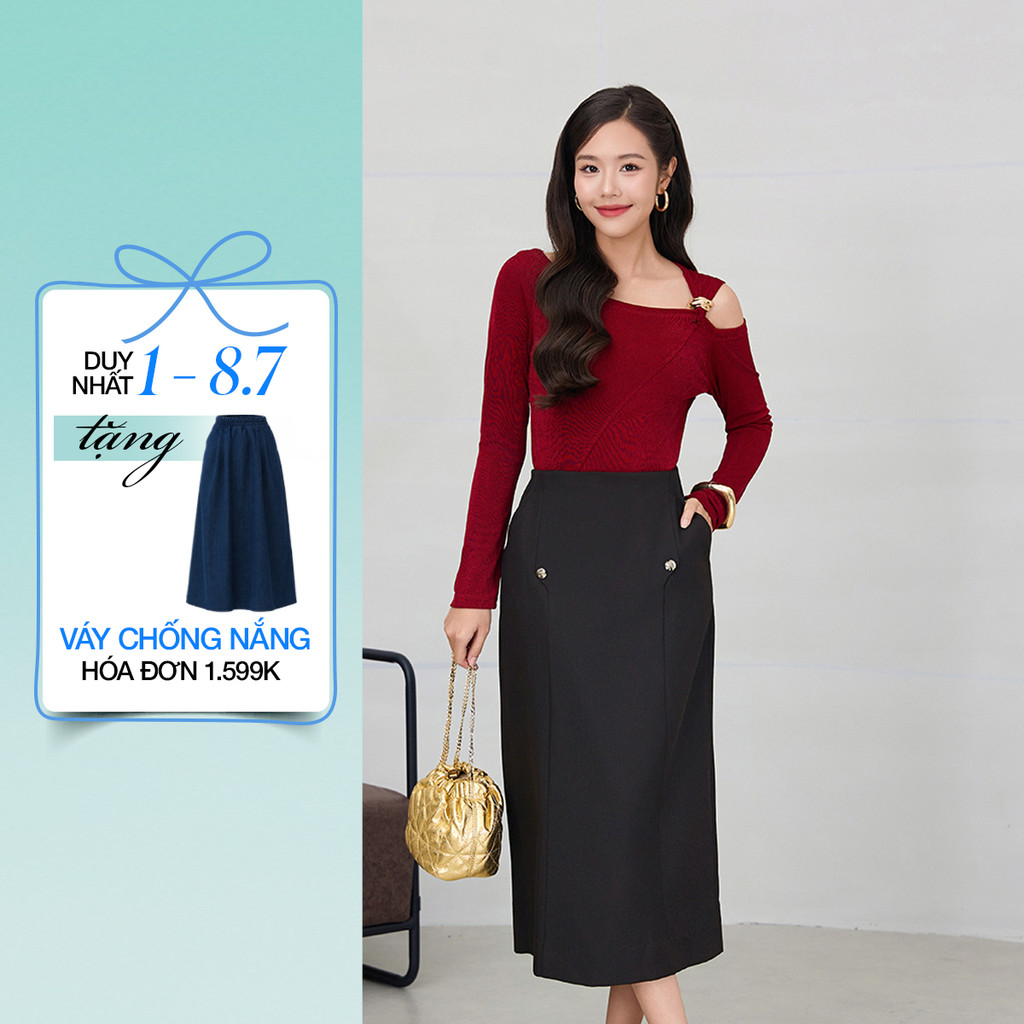 Chân váy GUMAC midi dáng suông lưng liền có hai túi sườn đính nút kiểu VF12056