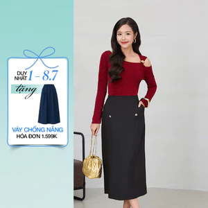 Chân váy GUMAC midi dáng suông lưng liền có hai túi sườn đính nút kiểu VF12056