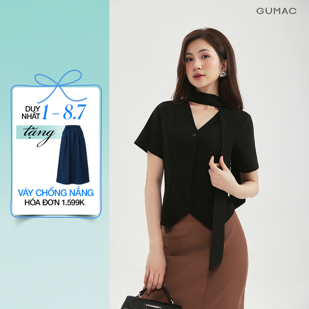 Áo Sơ Mi Nữ GUMAC Áo Kiểu Tay Ngắn Cổ V Phối Dây Cách Điệu Thiết Kế Rã Decup Ôm Fit Tôn Dáng AF12019