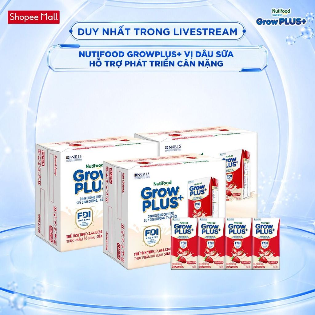 [Livestream KOL] Combo 3 Thùng 24 hộp Sữa bột pha sẵn Nutifood Sweden GrowPLUS+ Vị Dâu Sữa hộp 110ml Trên 1 tuổi