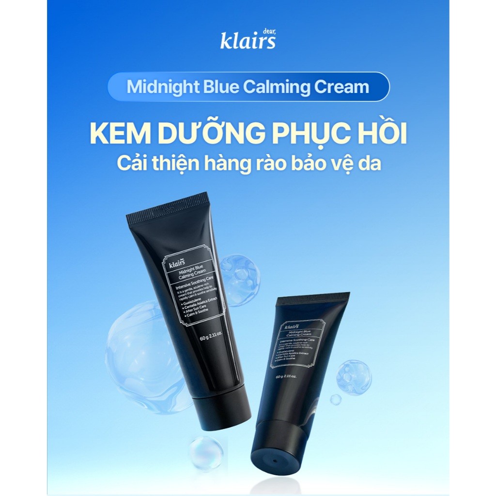 Kem dưỡng da Dear, Klairs Midnight Blue Calming Cream hỗ trợ cấp ẩm và phục hồi cho da 60g [FS]