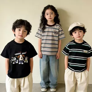 Trẻ Em Nguyên Chất Cotton Ngắn Tay Mùa Hè Mỏng Phong Cách Hàn Quốc Thêu Búp Bê Sọc Bé Trai Bé Gái Cổ Tròn Top OFNC