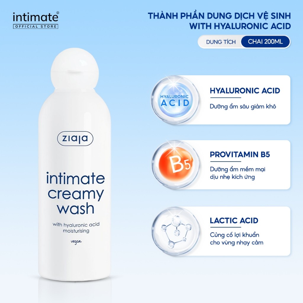(LS) Dung Dịch Vệ Sinh Phụ Nữ Intimate With Hyaluronic Acid ZIAJA Giúp Cân Bằng pH, Dưỡng Ẩm, Làm Sạch 200ml