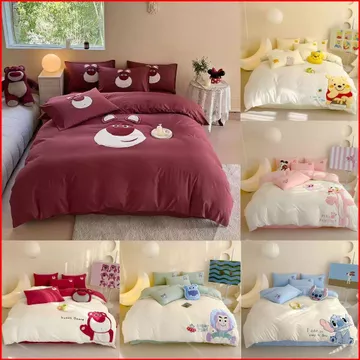 DC1 Stitch Lotso Winnie 3IN1 Ga trải giường Vỏ chăn gối Bộ chăn ga gối chất lượng cao cấp Bộ chăn ga gối gia đình Bộ đồ có thể giặt được
