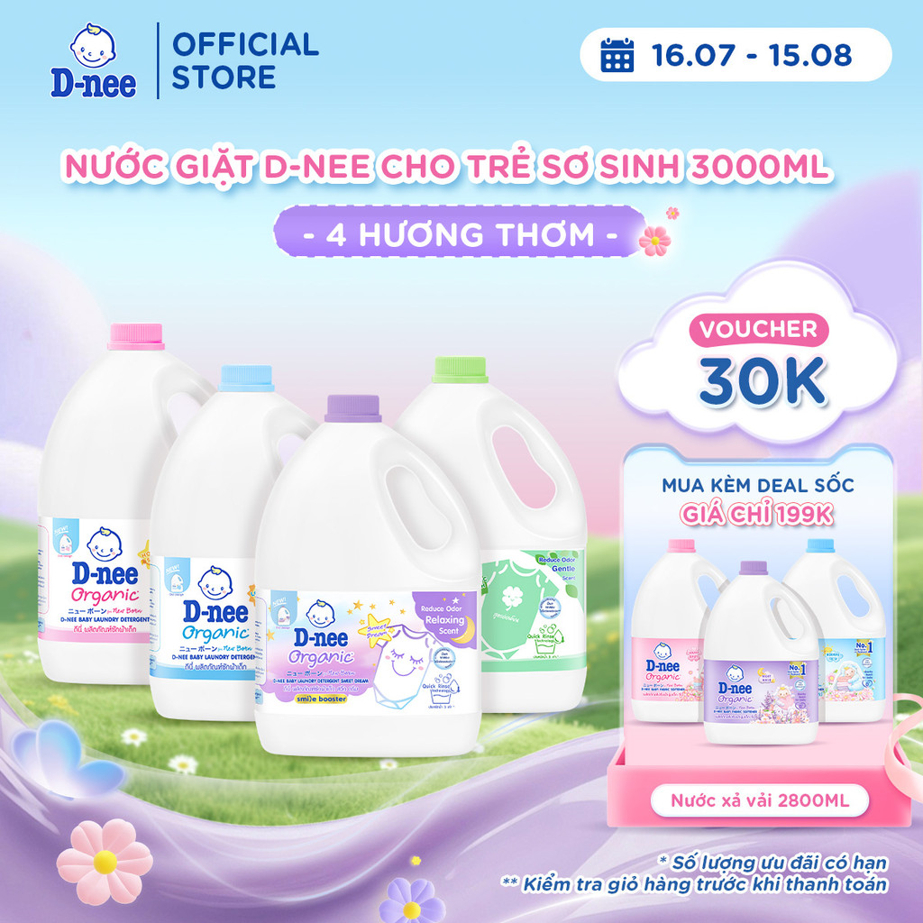 Nước giặt D-nee cho trẻ sơ sinh, mềm dịu, thơm nhẹ, không hư hại quần áo - Can 3000ml - 4 Hương thơm