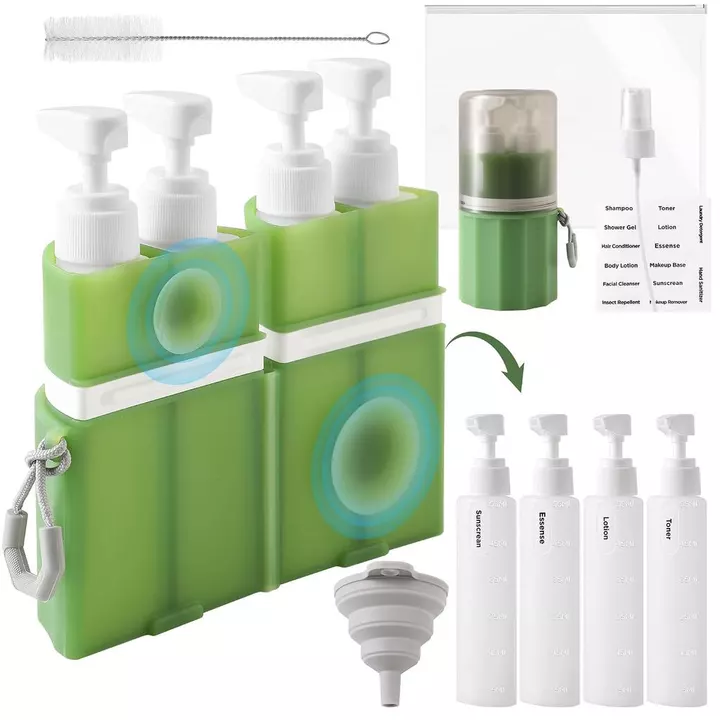 Chai du lịch 4 trong 1 SESENSE dành cho đồ vệ sinh, Đồ vệ sinh cỡ du lịch được TSA phê duyệt, Bộ dầu gội và dầu xả cỡ du lịch có thể đổ lại chống rò rỉ với cốc hút treo tường, G