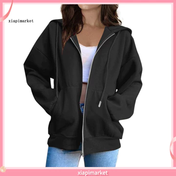 XIA| Áo hoodie có khóa kéo dành cho nữ có túi Áo nỉ dây rút dài tay ấm áp mùa thu đông Áo khoác có mũ trùm đầu màu trơn để mặc hàng ngày Áo hoodie thông thường cho nữ
