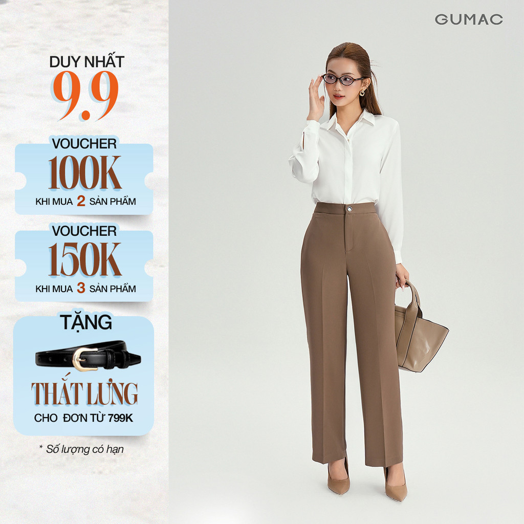 Quần Ống Suông Nữ 98cm GUMAC Lưng Cao Chất Cotton Công Sở Dáng Dài Cạp Cao Loe Nhẹ QE04001