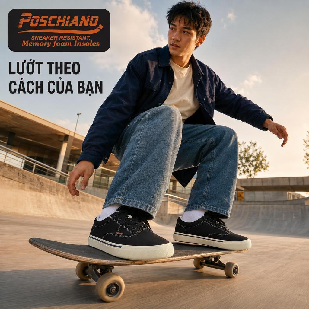 [PS04 Canvas Black White] Giày Sneaker - Poschiano - NAM - NỮ Chống trơn trượt  - Vải Canvas Cao Cấp - Đế Cao Su Crepe  | BigBuy360 - bigbuy360.vn