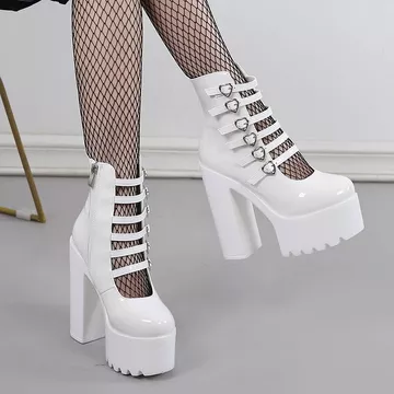 Giày Cao Gót Punk 14cm Dày Gót Tròn Mũi Bằng Sáng Chế Da Nâng Cao Giày Cưới Trắng Giày Hiệu Suất Gợi Cảm La Mã Rỗng Giày Cao Gót