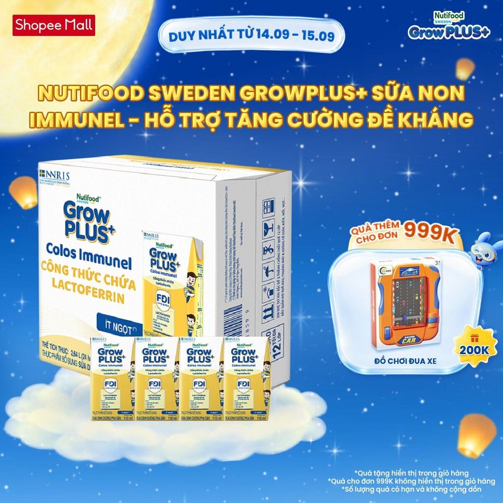 Thùng 24 hộp Sữa Bột Pha Sẵn Nutifood Sweden GrowPLUS+ Sữa Non Immunel (24 hộp x 110 ml) (Bao bì tuỳ lô hàng)