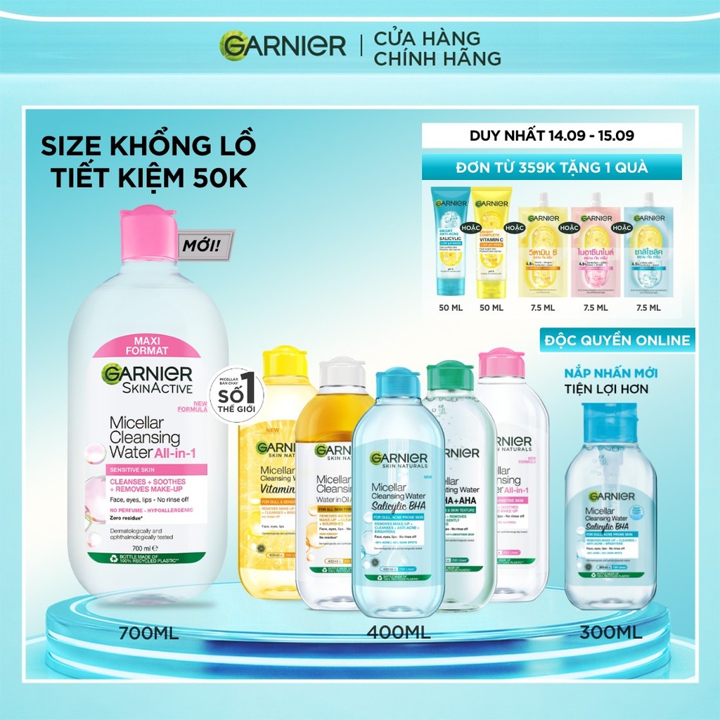 [CÓ SIZE MỚI] Nước Tẩy Trang làm sạch sâu dịu nhẹ cho mọi loại da - Garnier Micellar Cleansing Water 400ml & 700ml