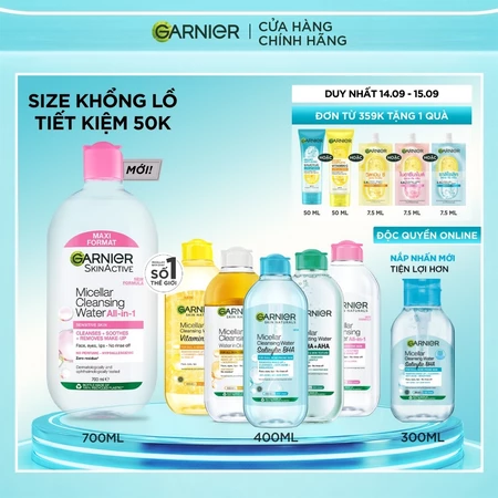 [CÓ SIZE MỚI] Nước Tẩy Trang làm sạch sâu dịu nhẹ cho mọi loại da - Garnier Micellar Cleansing Water 400ml & 700ml