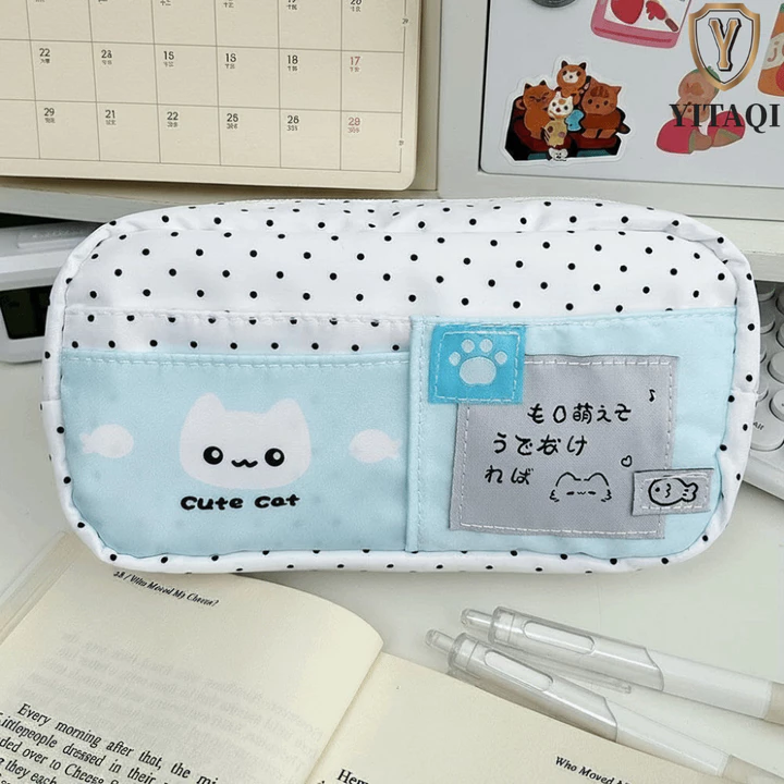 Túi đựng bút nhiều lớp YITAQI, Hộp đựng bút chì họa tiết mèo dung tích lớn màu kem, chấm bi thời trang sành điệu dễ thương Văn phòng tổ chức văn phòng phẩm văn phòng phẩm văn phòng