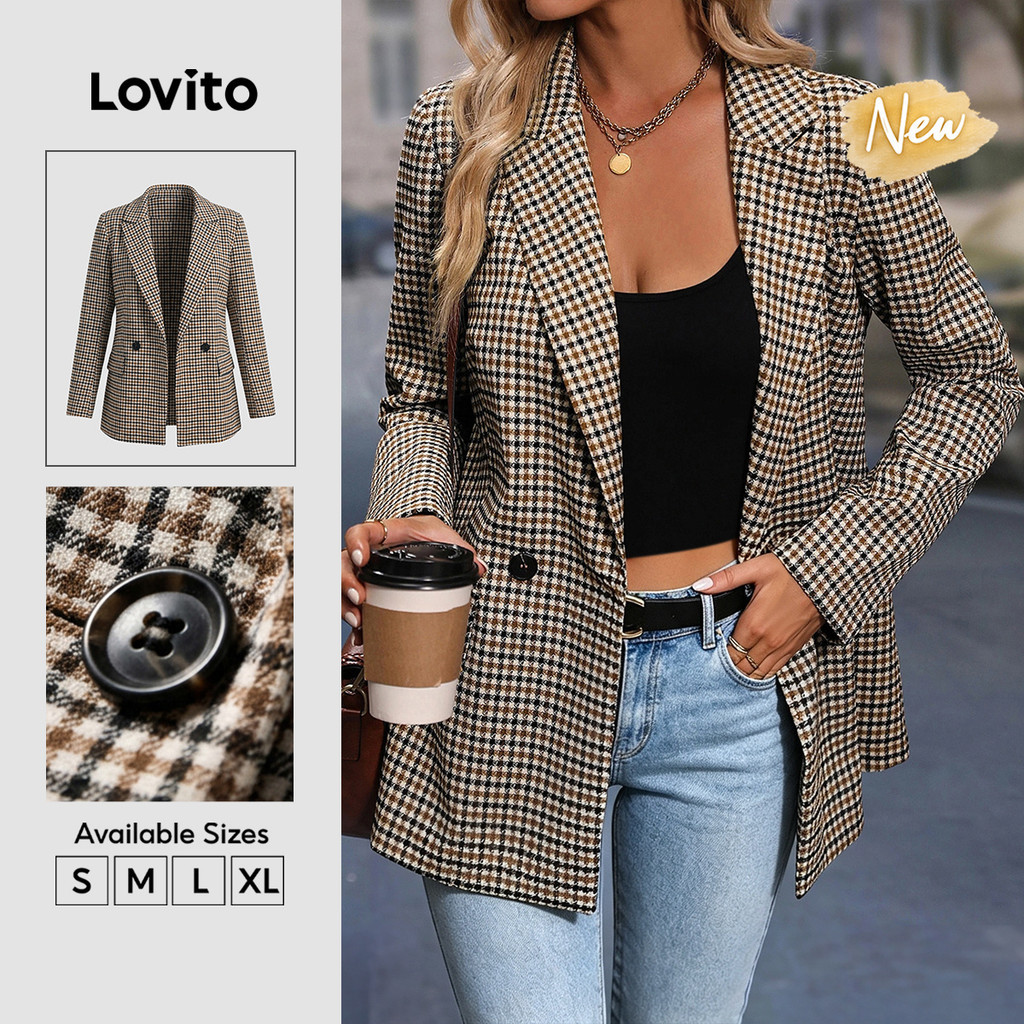(New Arrival) Lovito Blazer Nữ Kẻ Ô Thanh Lịch Tay Dài Cổ Khía Cài Nút Đi Làm Mùa Xuân Hè Công Sở Cuối Tuần Casual Khaki BZK9BR178