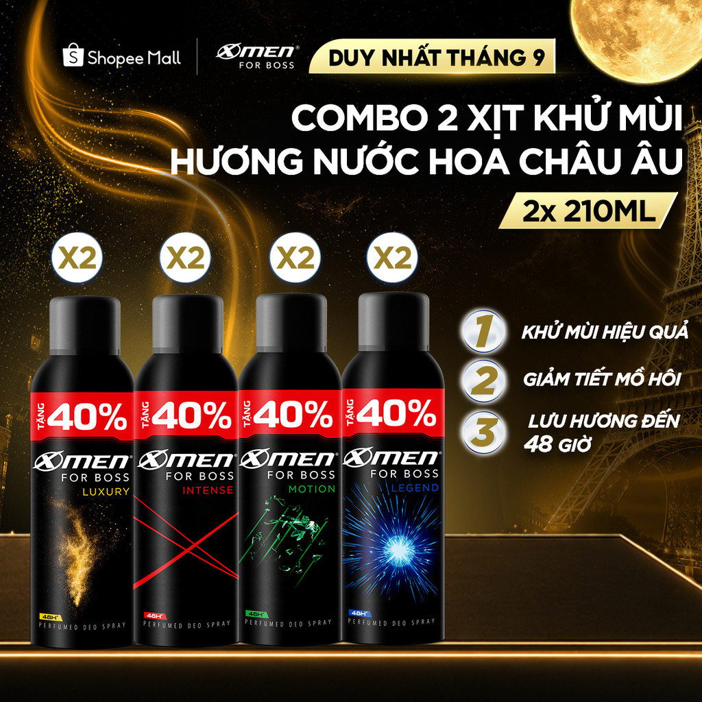 [Tặng thêm 40% dung tích] Combo 2 Xịt khử mùi X-Men For Boss 210ml/chai Khô Thoáng Lưu Hương 48H