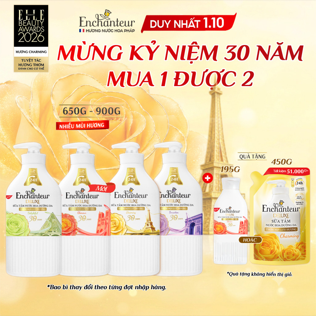[KỶ NIỆM 30 NĂM - TẶNG 195G/450G] Sữa tắm hương nước hoa Pháp Enchanteur Deluxe 650g / 900g (Tặng mùi ngẫu nhiên)