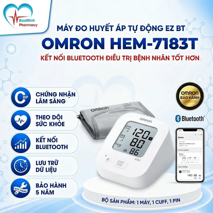 (Dòng mới 2026) Máy Đo Huyết Áp Bluetooth OMRON HEM-7183T1-AP EZ BT - Không kèm Adapter