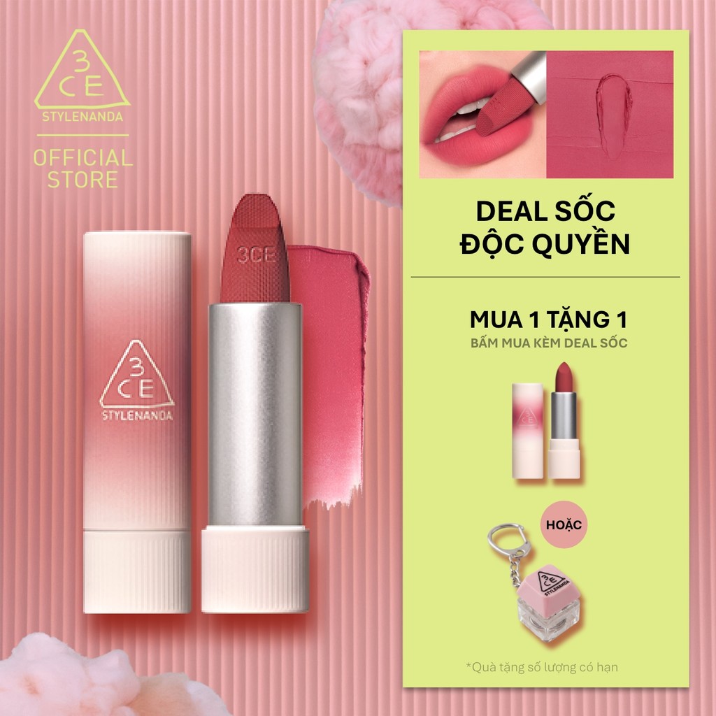 Son Thỏi 3CE Cashmere Hug Mềm Mịn Như Len, Bền Màu Lâu Trôi, Nhẹ Trên Môi, Không Bết Dính