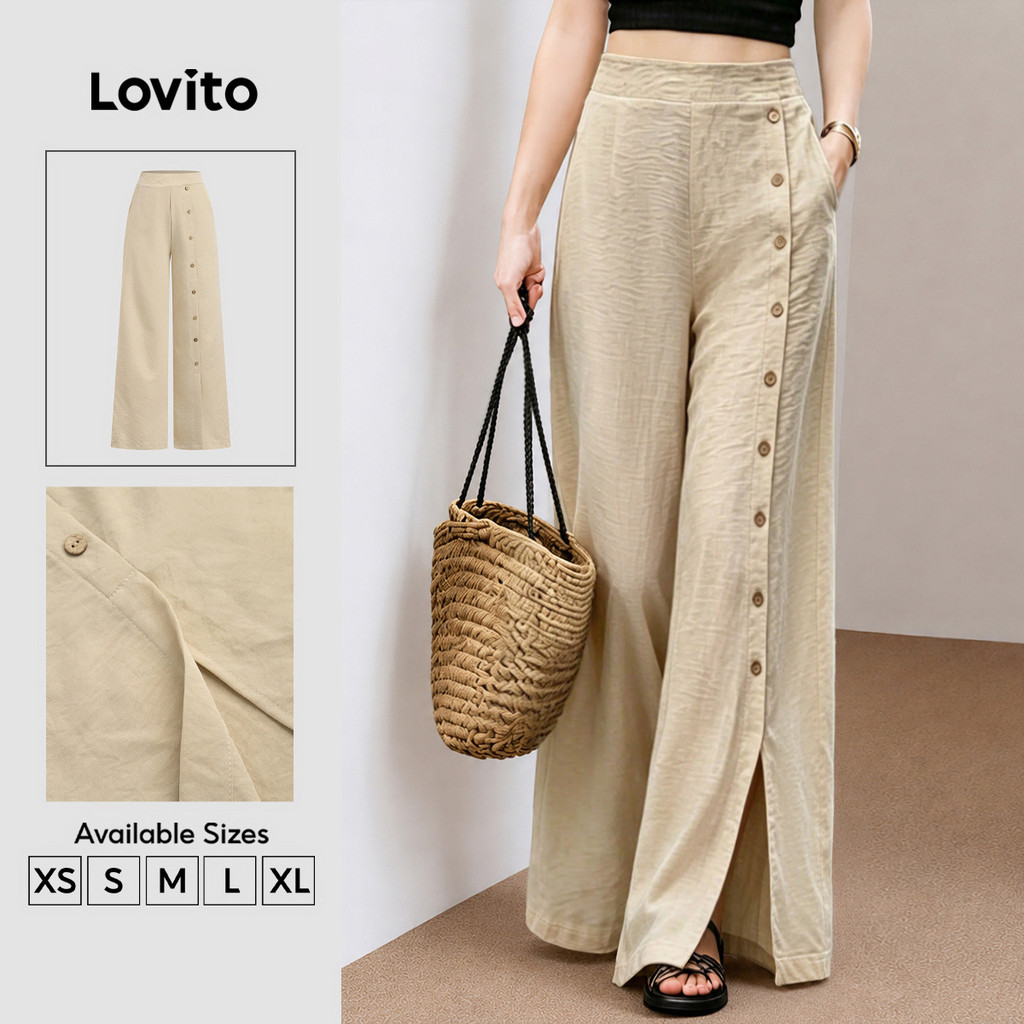 (New Arrival) Lovito Quần kaki nữ thanh lịch cài nút phía trước phong cách nghỉ dưỡng xuân/hè PTB202P2D440