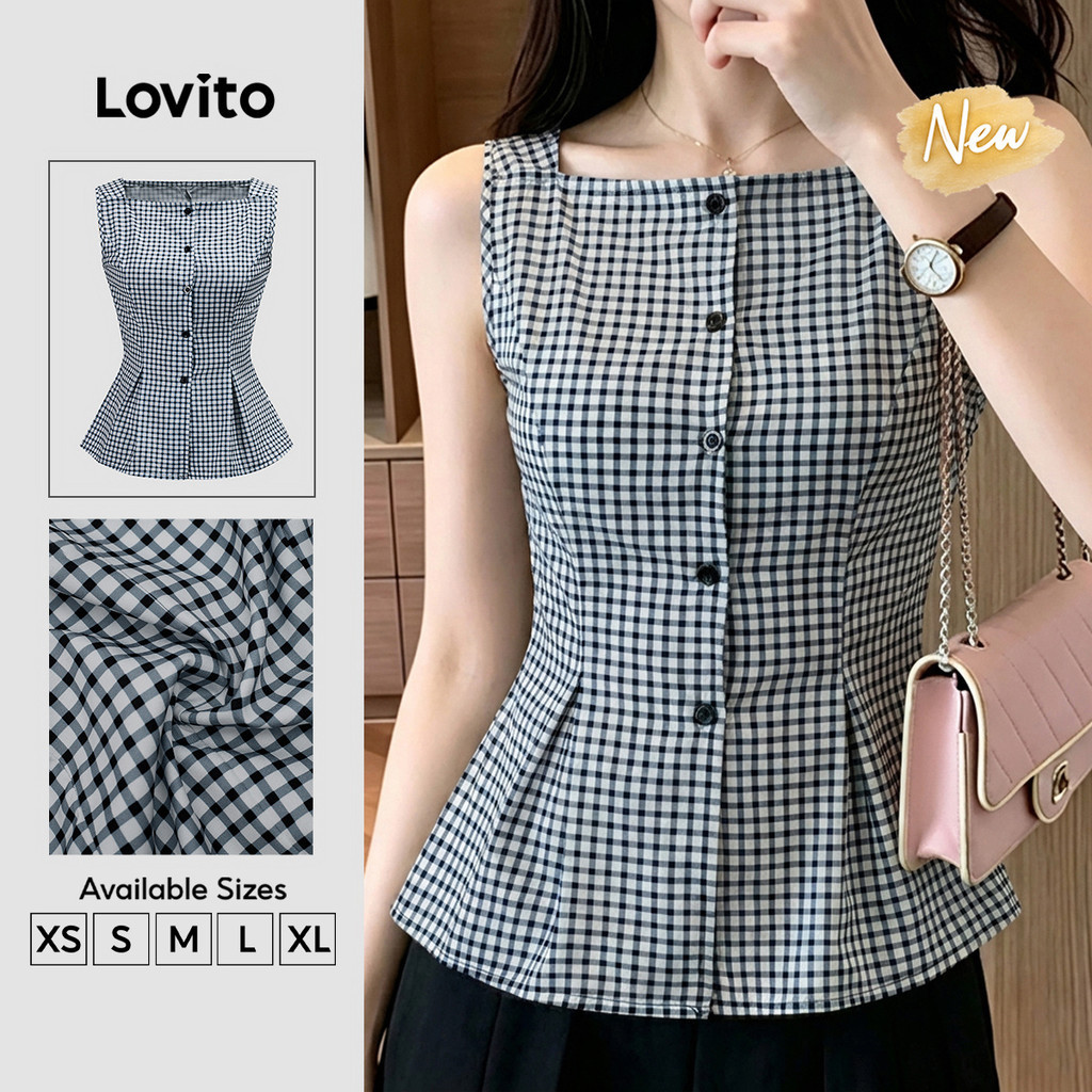 (New Arrival) Lovito Áo nữ công sở xuân hè màu đen trắng Thanh lịch không Tay cổ vuông cài nút phía trước họa tiết Caro và xếp Ly TKB205P2D353