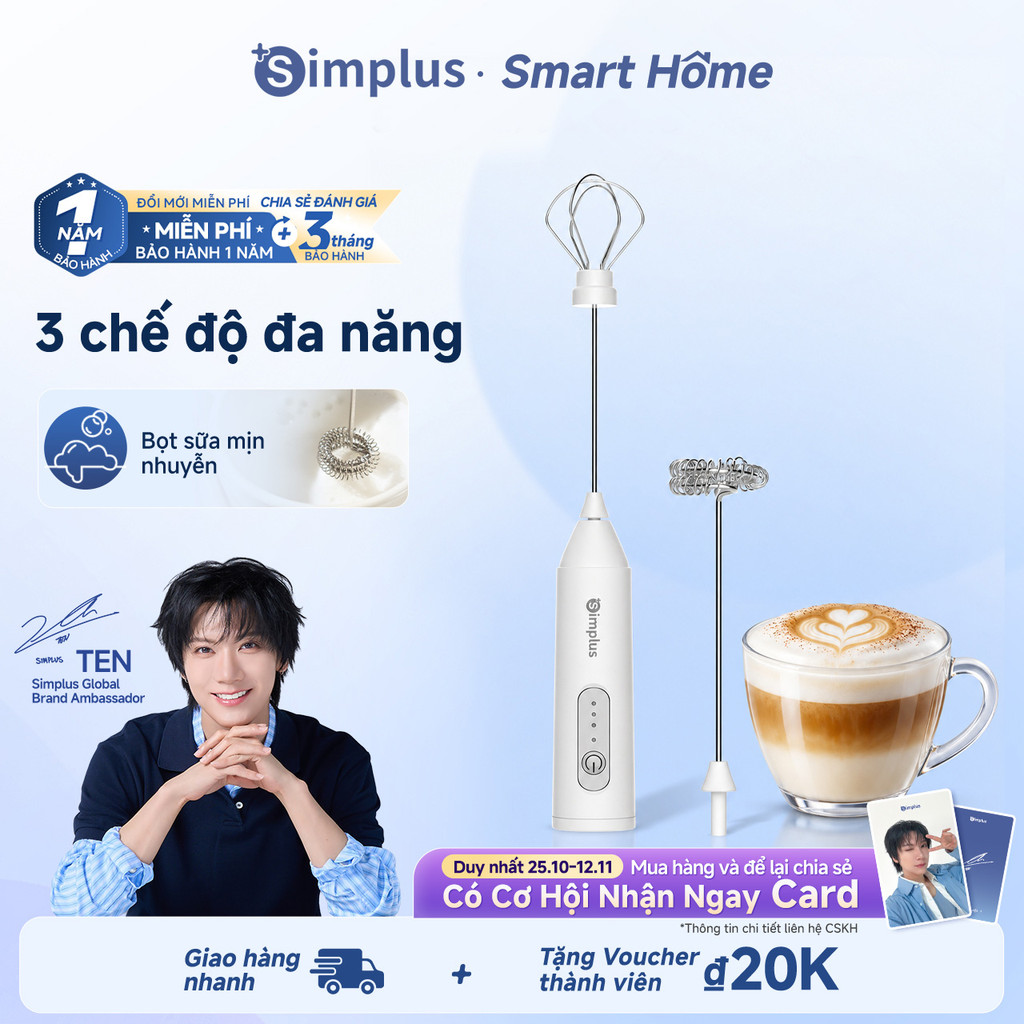 Simplus x TEN Máy đánh trứng tạo bọt sữa đa năng thời gian dùng liên tục lâu 2 que đánh inox 304 3 mức tốc độ NPQH001