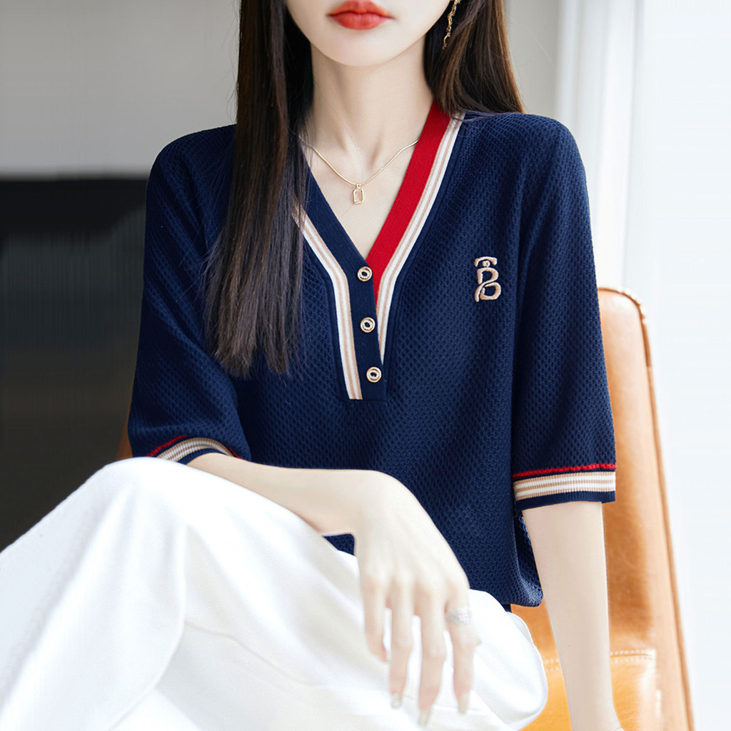 Mùa Hè Tencel Ngắn Tay Áo Sơ Mi Nữ Màu Sắc Phù Hợp Với Thêu Thời Trang Cổ Chữ V Băng Lụa Mồ Hôi