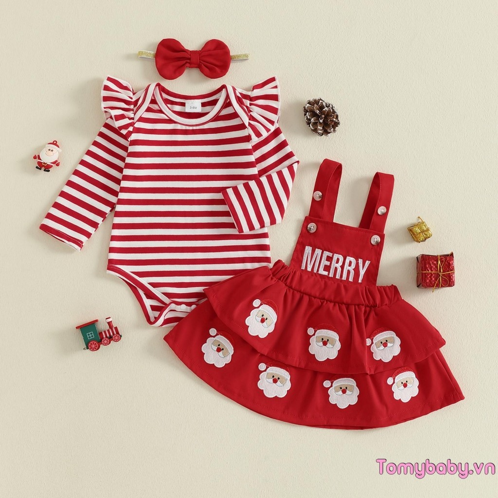 Bộ trang phục Giáng sinh cho bé gái Áo liền quần dài tay in sọc + Váy tổng thể thêu ông già Noel + Bộ băng đô nơ