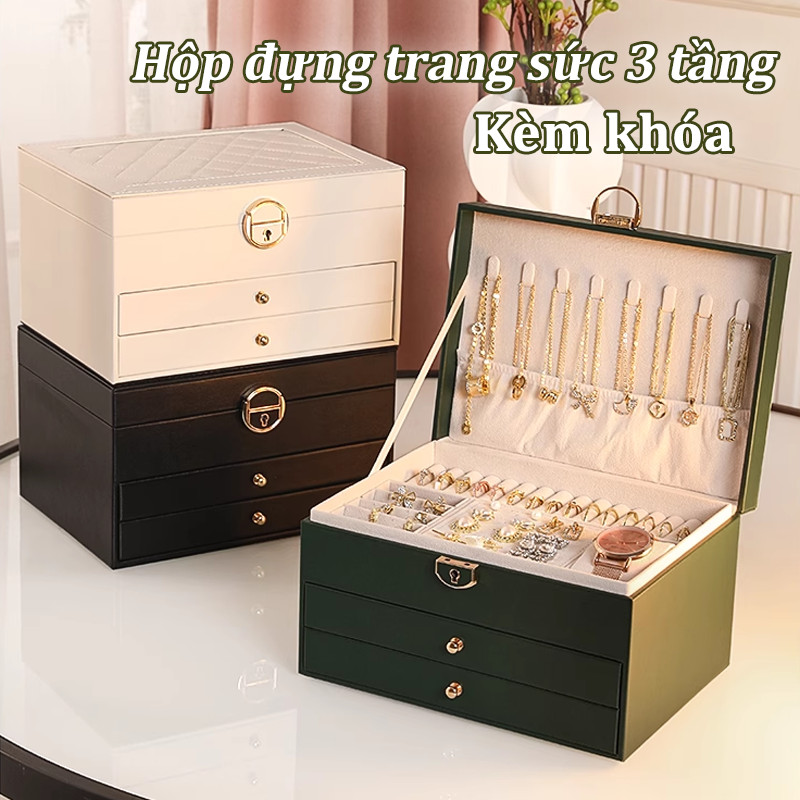 [ Kèm khóa] Hộp đựng trang sức 3 tầng, bọc da vân nổi, đa ngăn, hộp đựng nữ trang