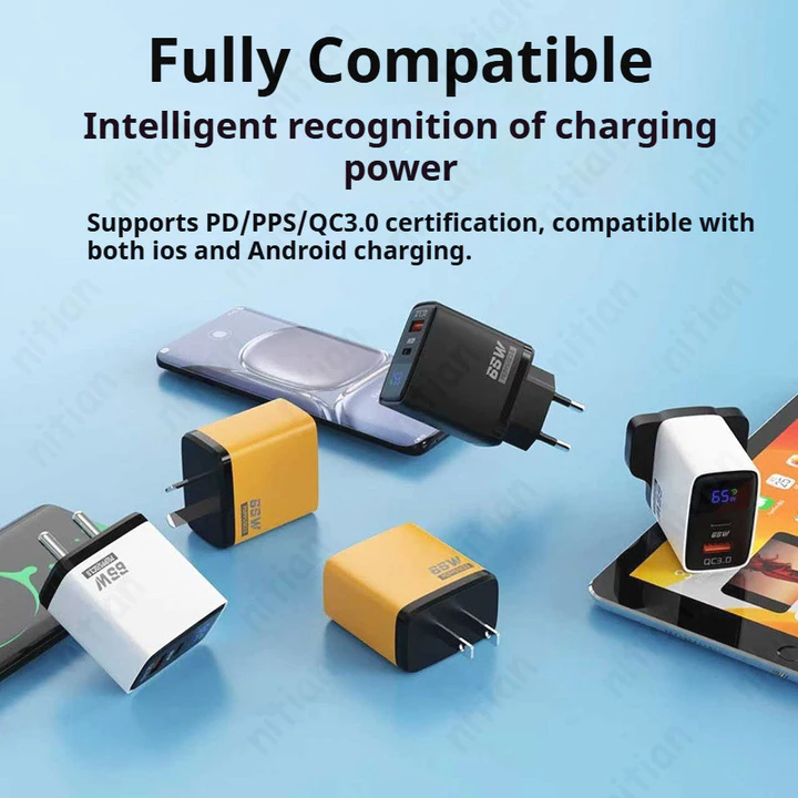 Bộ sạc nhanh 65W GaN USB + Type C Bộ sạc điện thoại treo tường cổng kép Sạc nhanh với màn hình kỹ thuật số Bộ chuyển đổi nguồn du lịch US / UK / EU Bộ – 4