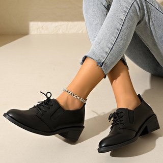 Giày Cao Gót Nữ Mũi Nhọn Dày Gót Ren-Up Miệng Sâu Thời Trang 36-43
