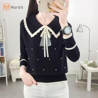 Áo len Hàn Quốc có nơ ngọt ngào và cổ búp bê, thiết kế tay dài rời, đính hạt - Phù hợp mặc hàng ngày