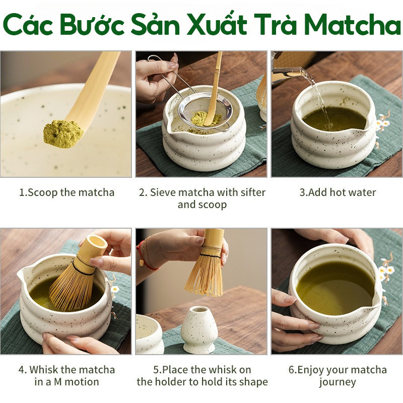 Bộ Dụng Cụ pha Matcha gồm Chawan, Chổi Chasen, Chân đế, Thìa tre, Rây lọc, Quà Tặng Cho Người Thích Uống Trà