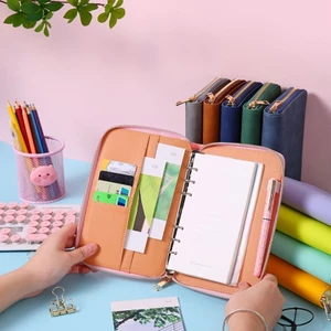 PCF * Bao da PU Notebook Chất kết dính có túi đựng thẻ và khe cắm bút đàn hồi có khóa kéo Đóng cửa có thể đổ lại 6 vòng Chất kết dính C