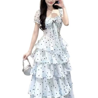 Đầm dài dáng ôm eo, cổ vuông kiểu Pháp, họa tiết chấm bi trái tim, màu cam, dành cho nữ mùa hè