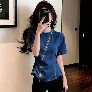 Áo sơ mi ngắn tay Denim cổ tròn màu xanh sang trọng cao cấp dành cho nữ