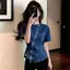 Áo sơ mi ngắn tay Denim cổ tròn màu xanh sang trọng cao cấp dành cho nữ