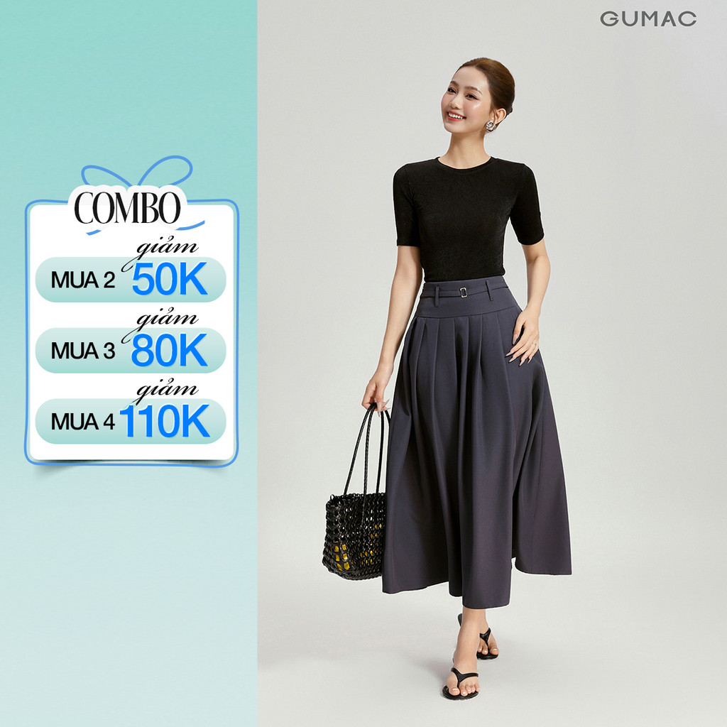 Chân váy nữ GUMAC dáng A xoè bản lưng to 10cm tùng xếp ly dây khoá kéo bên sườn VG04019