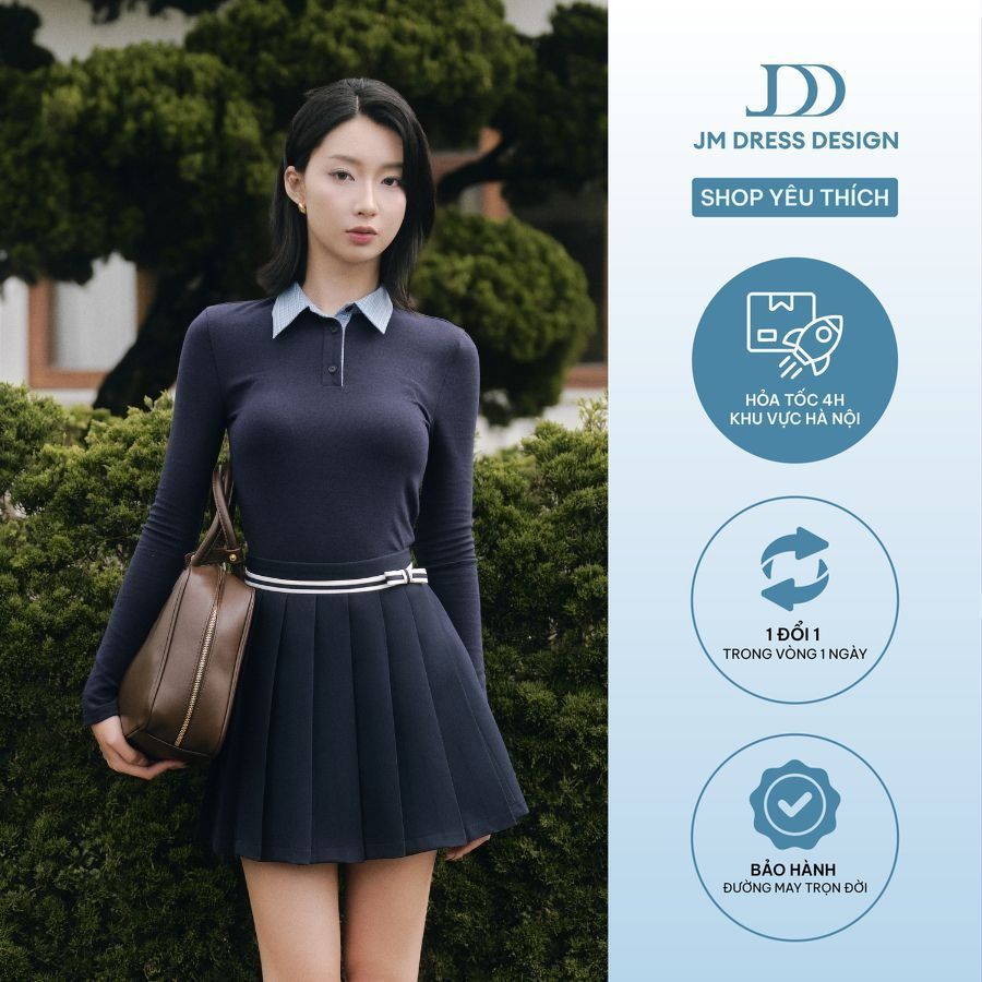 Áo Dáng Ôm Cổ Đức Vải Phối 2T40.2508W. Áo Polo Dáng Ôm Nữ Preppy, Áo Sơ Mi Polo Công Sở Nữ Form Slim-Fit Thiết Kế Bởi JM