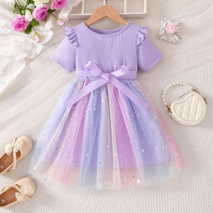 Bé Gái Ombre Đầy Sao Tulle Đầm Ruffle Tay Có Gân Bodice Với Eo Nơ Công Chúa Trẻ Em Trang Phục